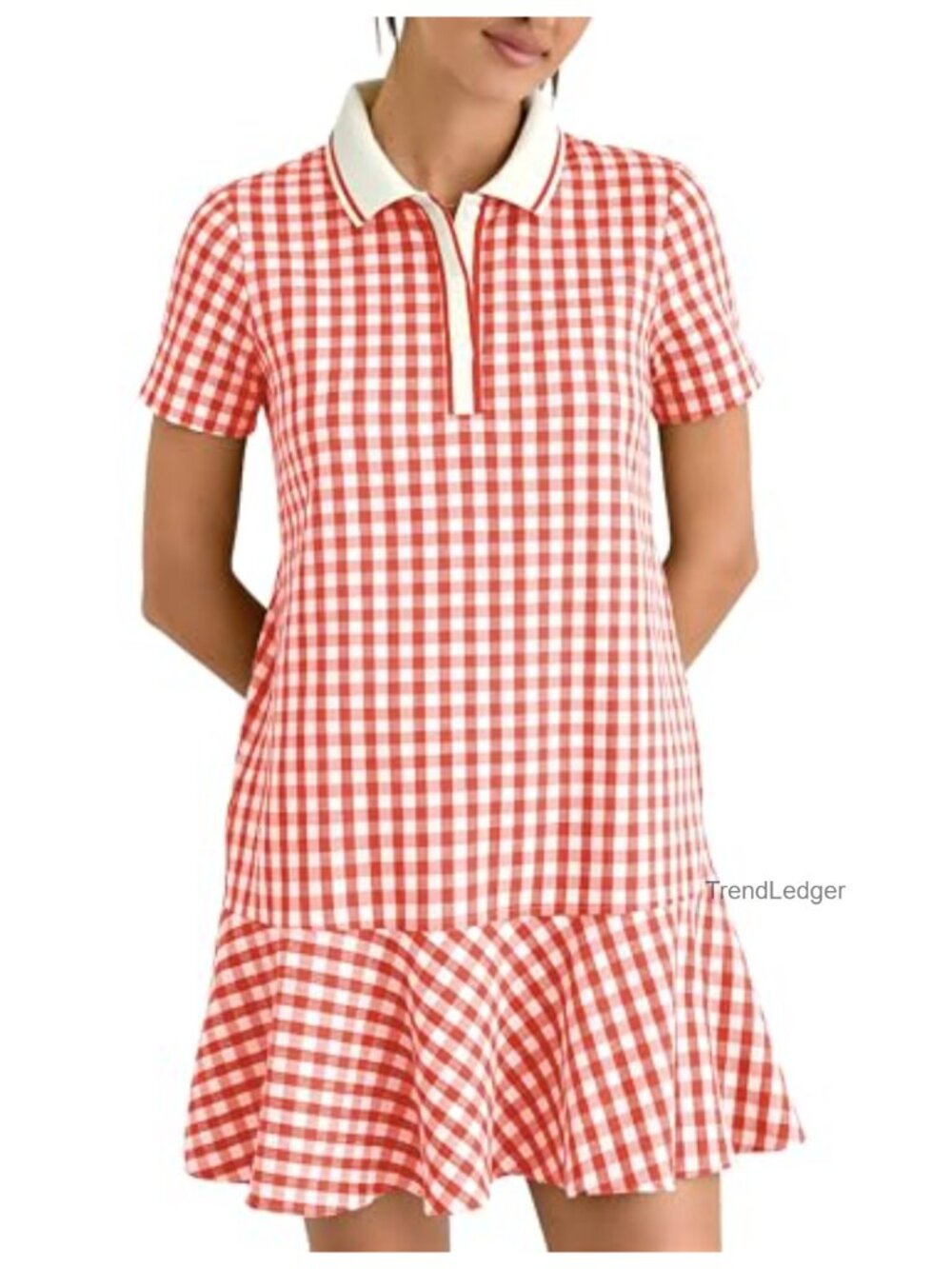 Gingham Polo Mini Dress Short Sleeve V Neck Ruffle Hem Tennis Golf Casual